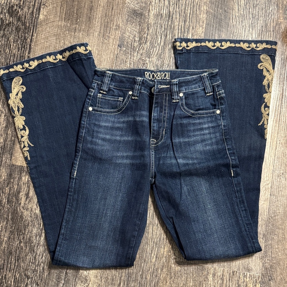 Rock & Roll Women's Dark Blue Flare Jeans with Gold Detailing
